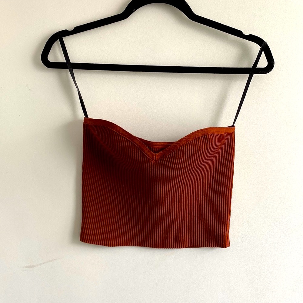 Aritzia’s BABATON rust colored strapless crop top